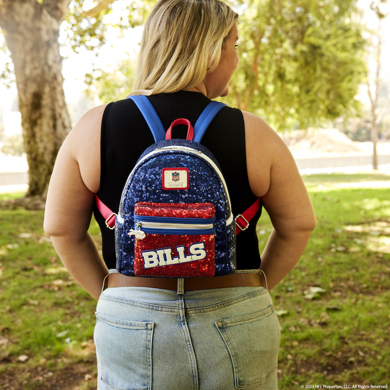 Image of woman facing away from camera wearing the NFL Buffalo Bills Sequin Mini Backpack 